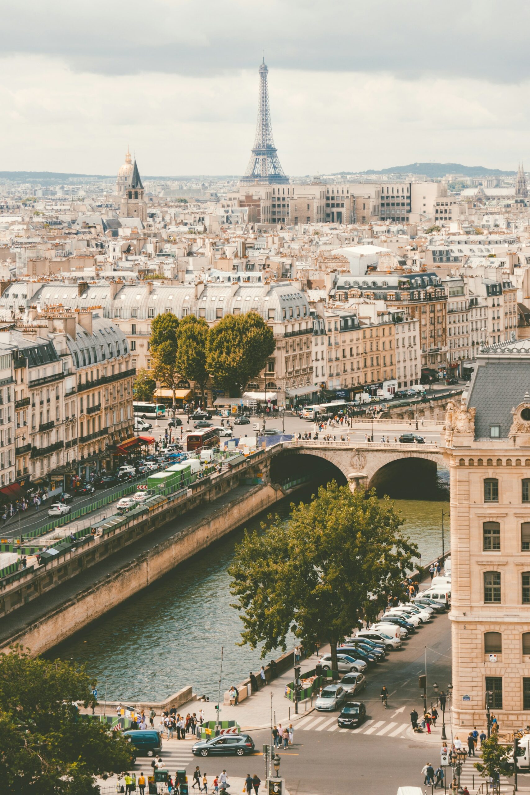 Overhead high point view of Paris facing the Eifel tower over looking the saine 