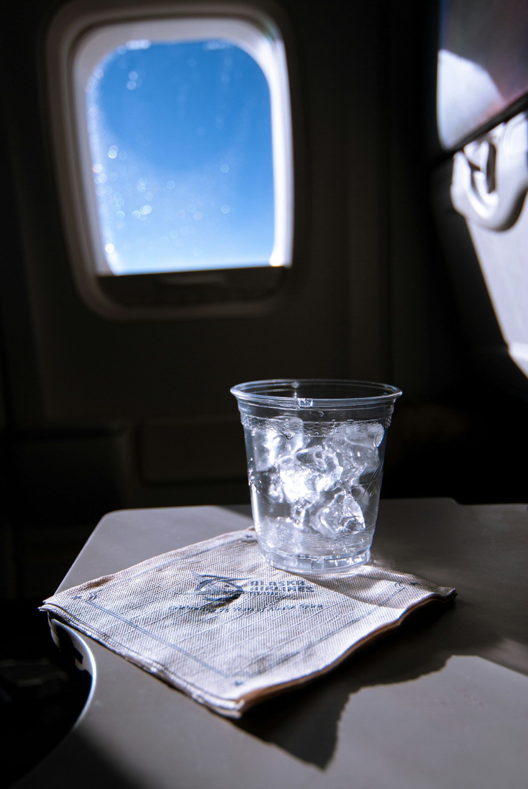 Cup of ice water on a plane
