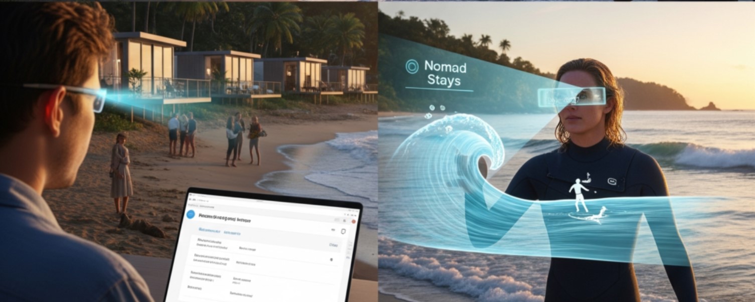 Futuristic Surfer and Stays using tech on the beach as digital nomads
