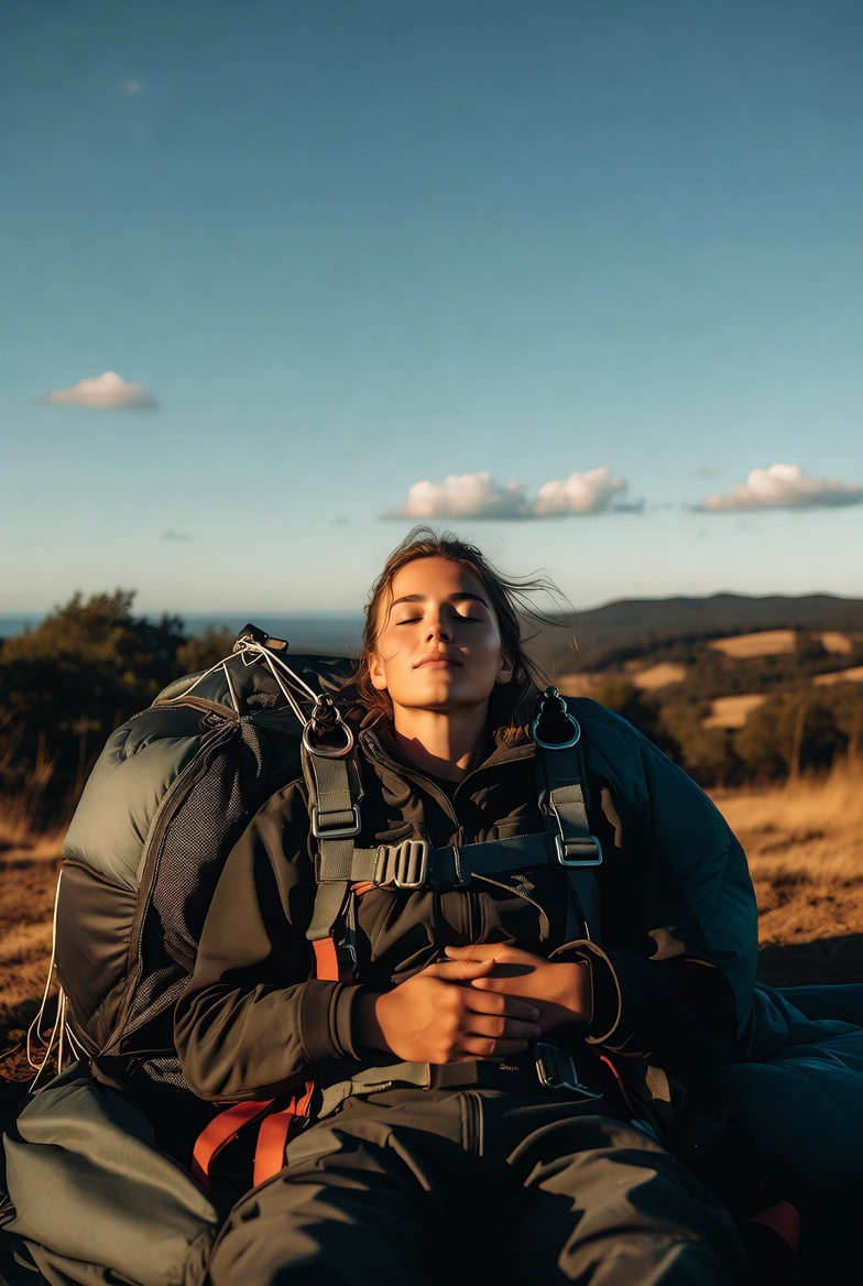 Girl laying on her parachute breathing and enjoying the still