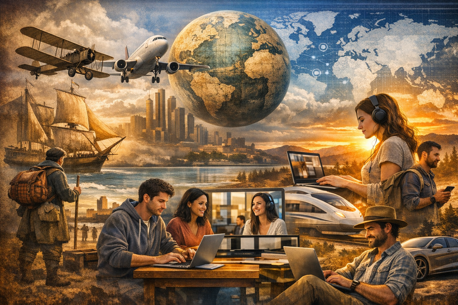 Picture with innovation of history and future digital nomads