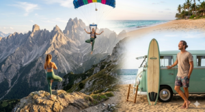people flying and surfing with bare feet grounding with yoga poses