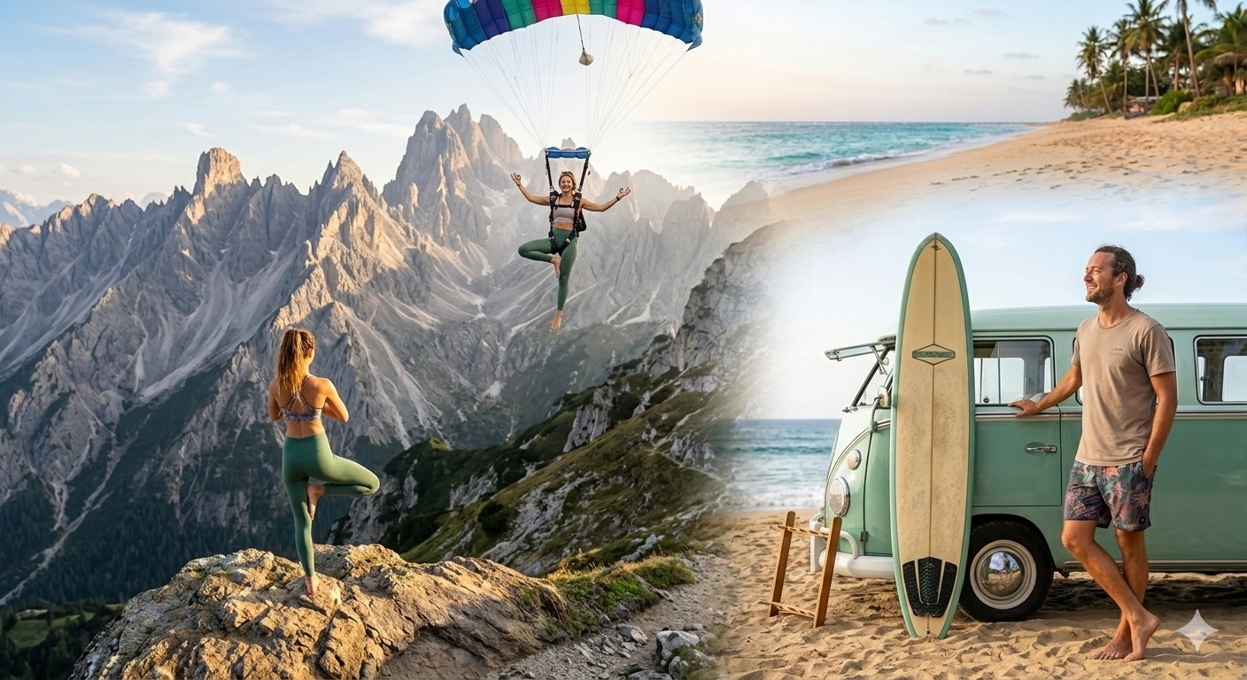 people flying and surfing with bare feet grounding with yoga poses