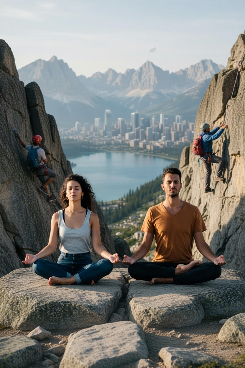 Meditating on a mountain over looking a city with rock climbers i