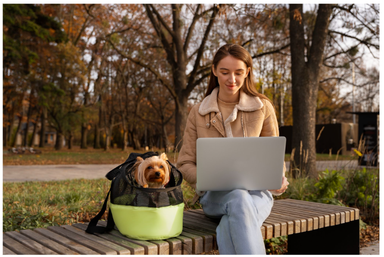 girl with laptop and do in backpack