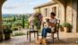 lady sitting in a house in france with a cat and dog