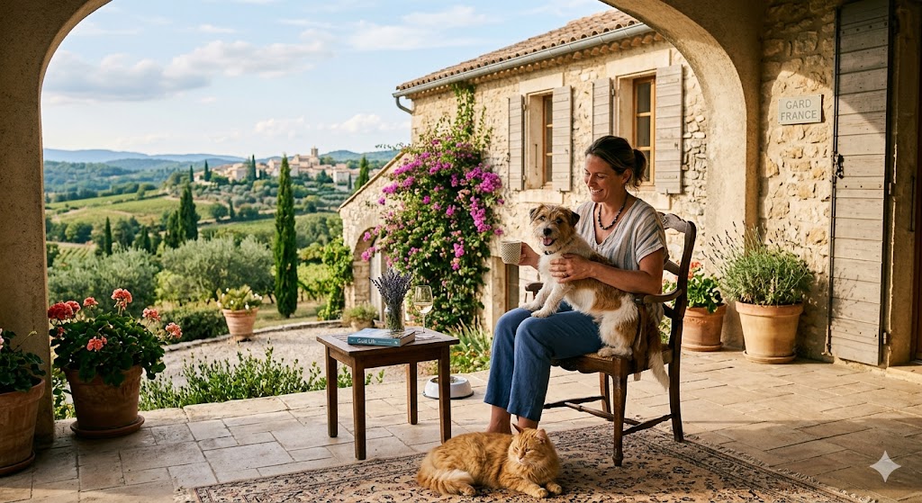 lady sitting in a house in france with a cat and dog