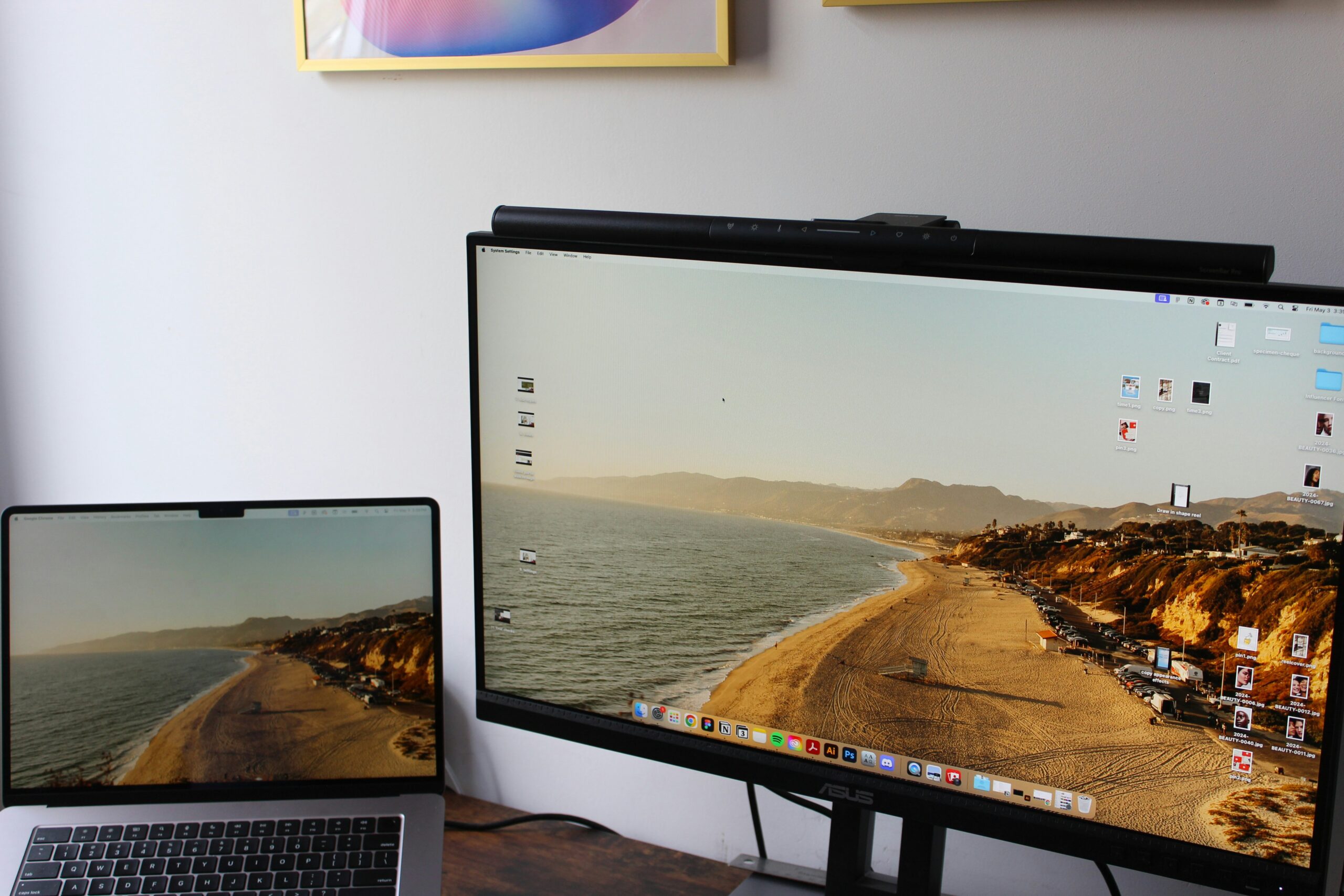 Desk setup with a large external monitor as a second screen